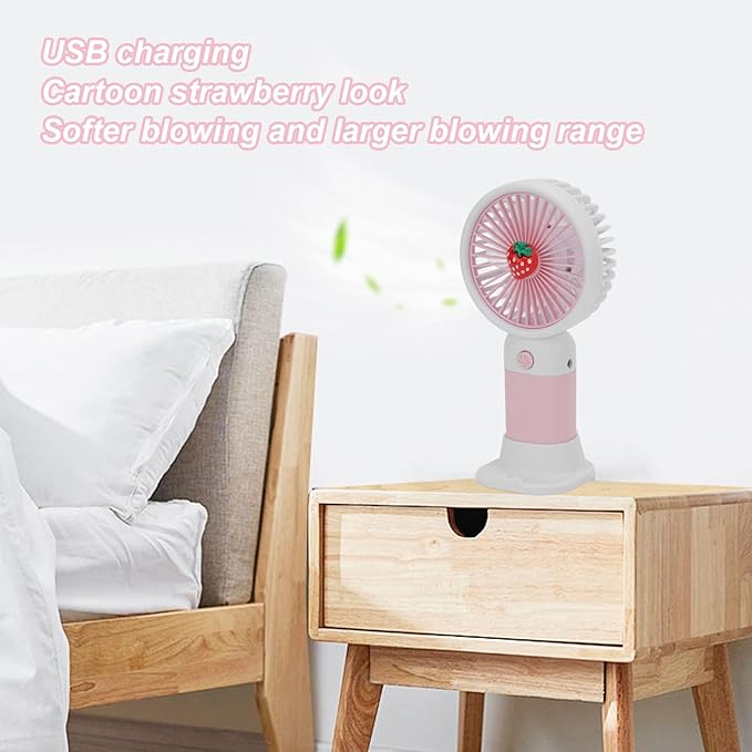 Mini Handheld Fan, USB Rechargeable Cartoon Strawberry Look Portable Fan with Removable Base for Home Office Outdoor