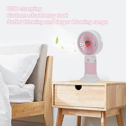 Mini Handheld Fan, USB Rechargeable Cartoon Strawberry Look Portable Fan with Removable Base for Home Office Outdoor